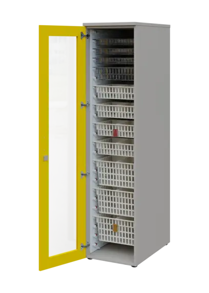 EUROMEDICA S - 46 skříň léková boxová, 1-dveřová/prosklená, levá, 1950x460x735, korpus šedý, dvířka žlutá odio